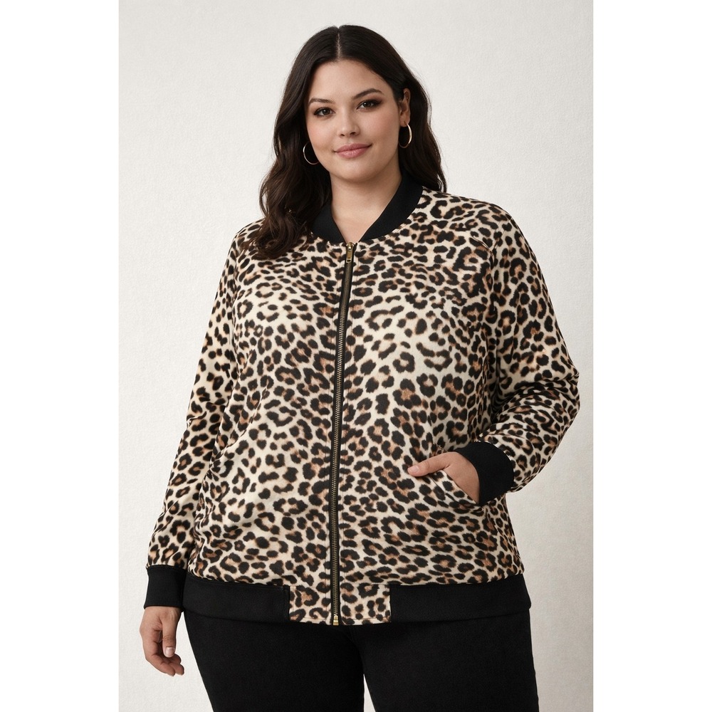 Susan Graver Bomber Jacket Womens 2X Tan Leopard Print Zip Front Animal‎ Pattern